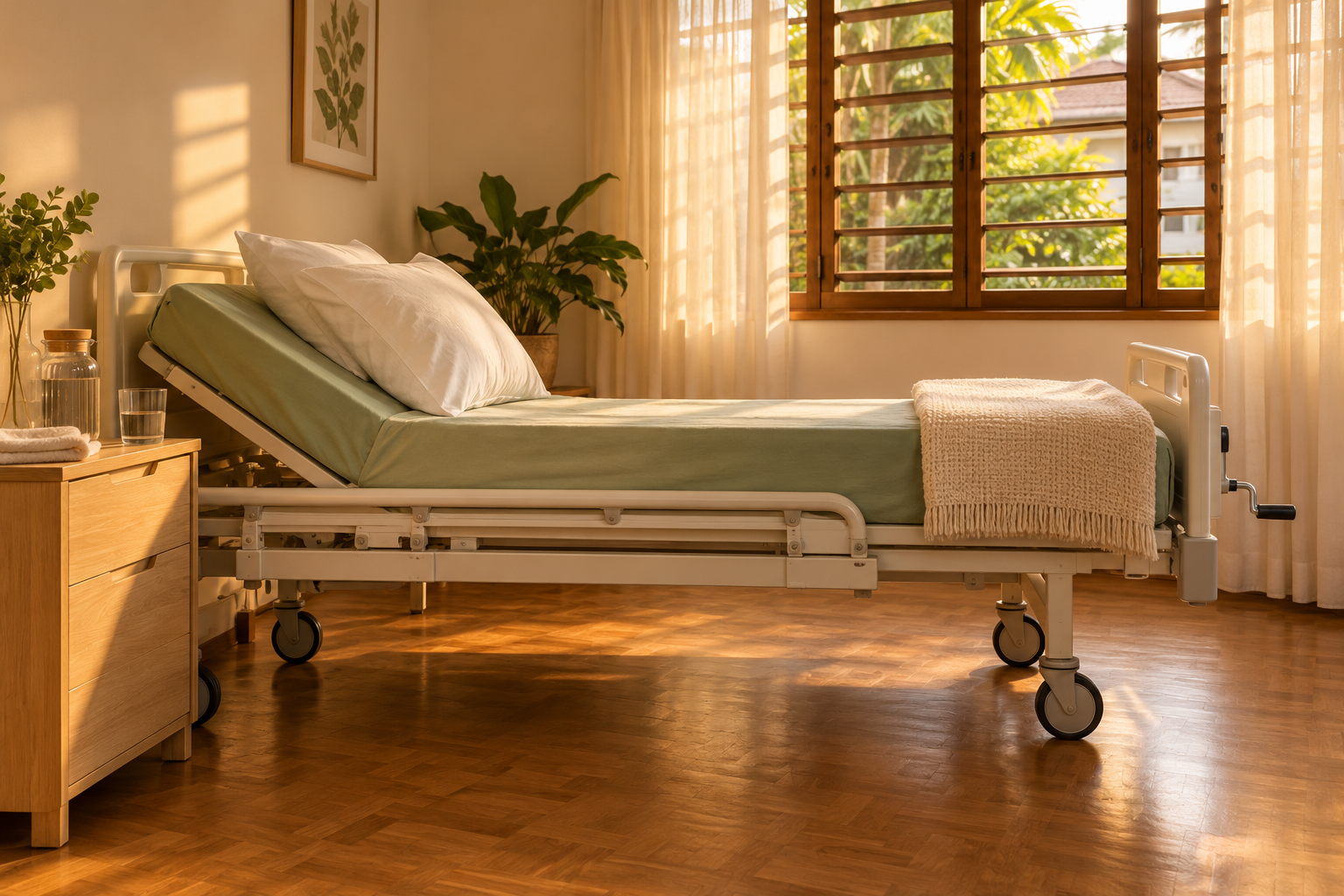 Bilik tingkat bawah rumah teres yang disediakan untuk jagaan di rumah, dengan katil hospital manual bercadar hijau pudina di sebelah tingkap